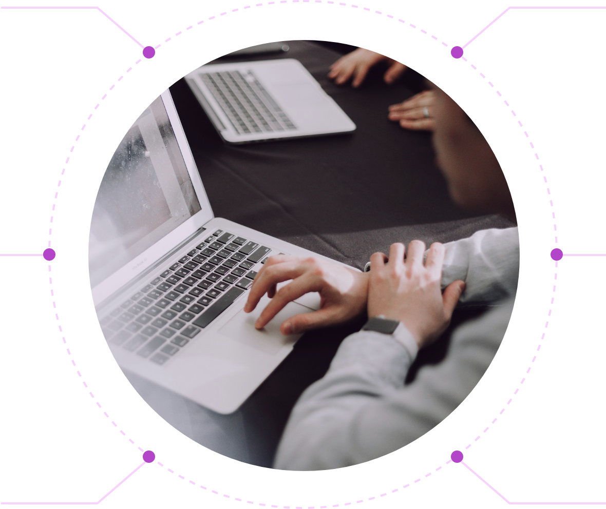 Business infographic showing various metrics and a laptop